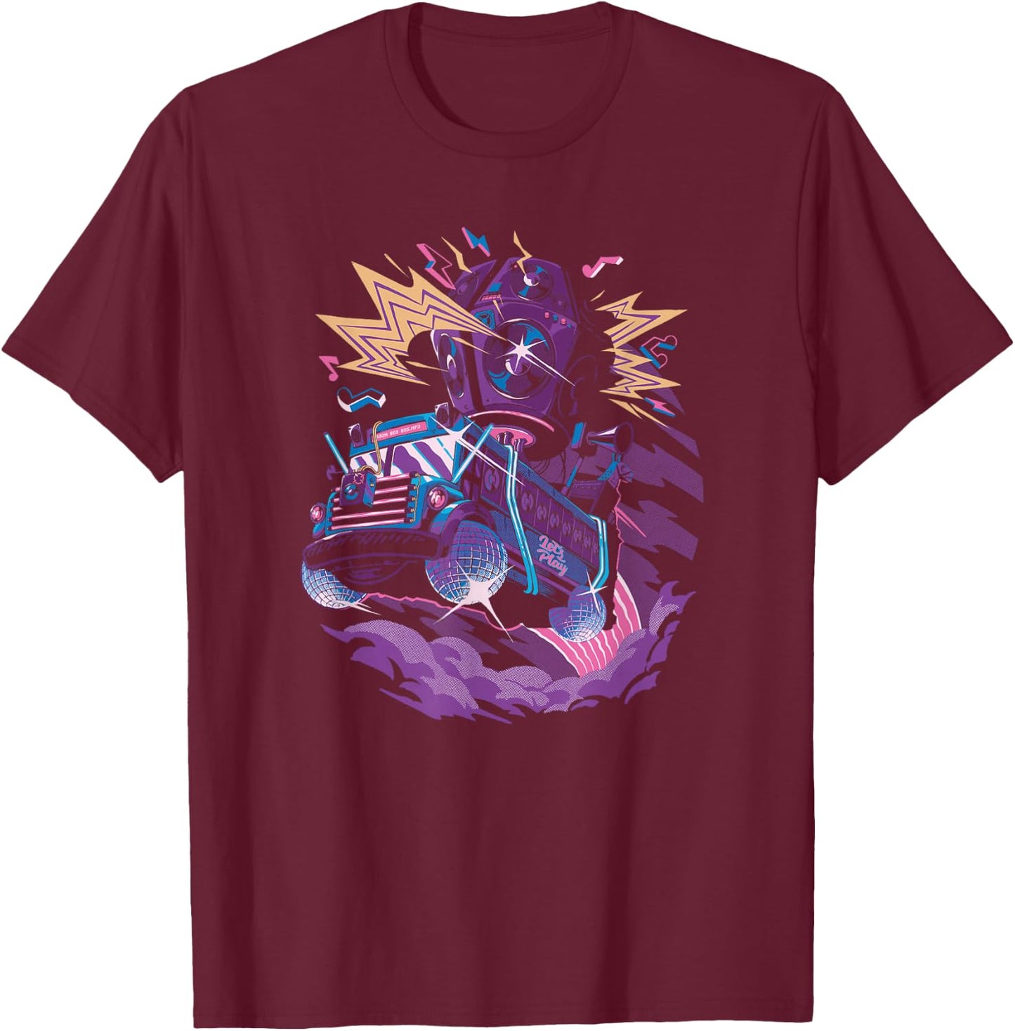 Fortnite Battle Bus Flying Retro Lightning Art T-Shirt - T-Shirt | Maroon