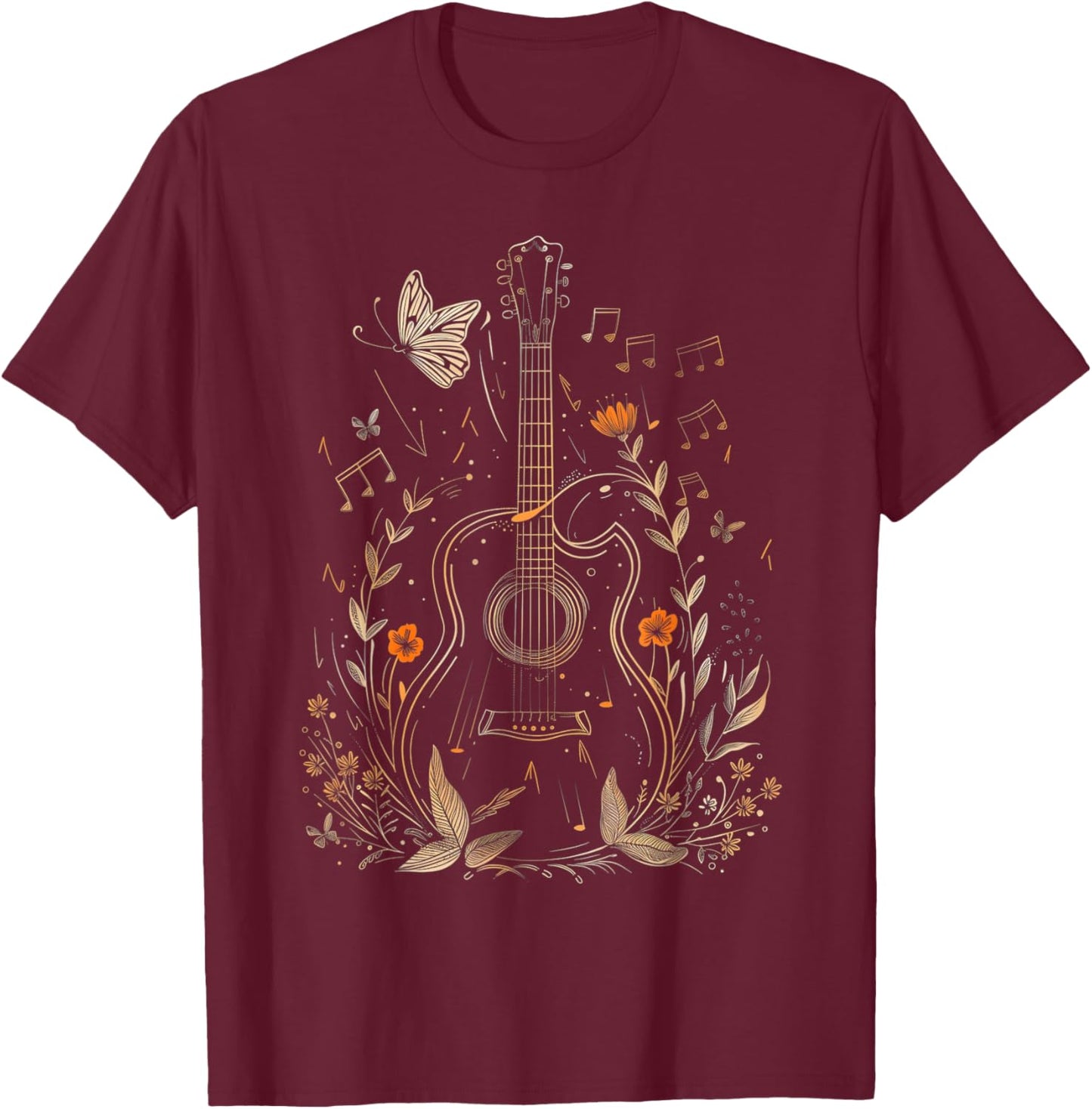 Guitar Player Acoustic Guitar Flowers Floral Art Guitarist T-Shirt - T-Shirt | Maroon