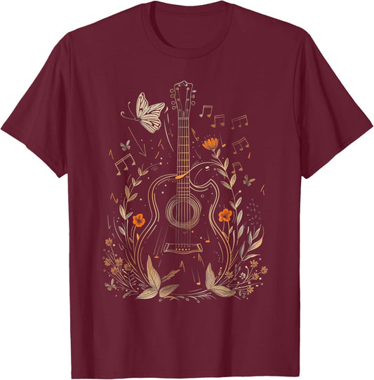Guitar Player Acoustic Guitar Flowers Floral Art Guitarist T-Shirt - T-Shirt | Maroon