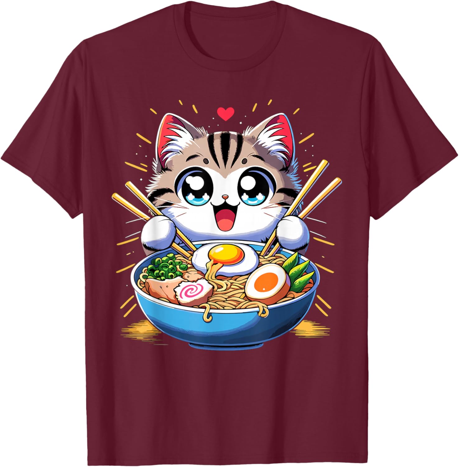 Kawaii Cat Japanese Anime Manga Cat Ramen T-Shirt - T-Shirt | Maroon