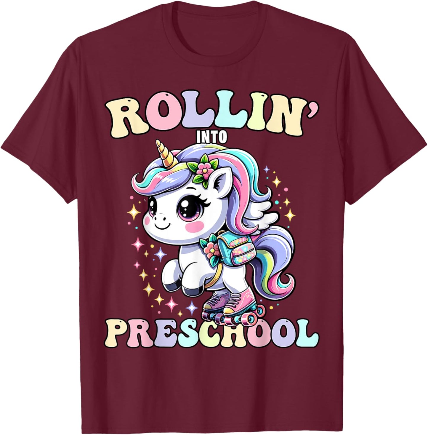 Preschool Back To School First Day Girls PreK Rollin Unicorn T-Shirt - T-Shirt | Maroon
