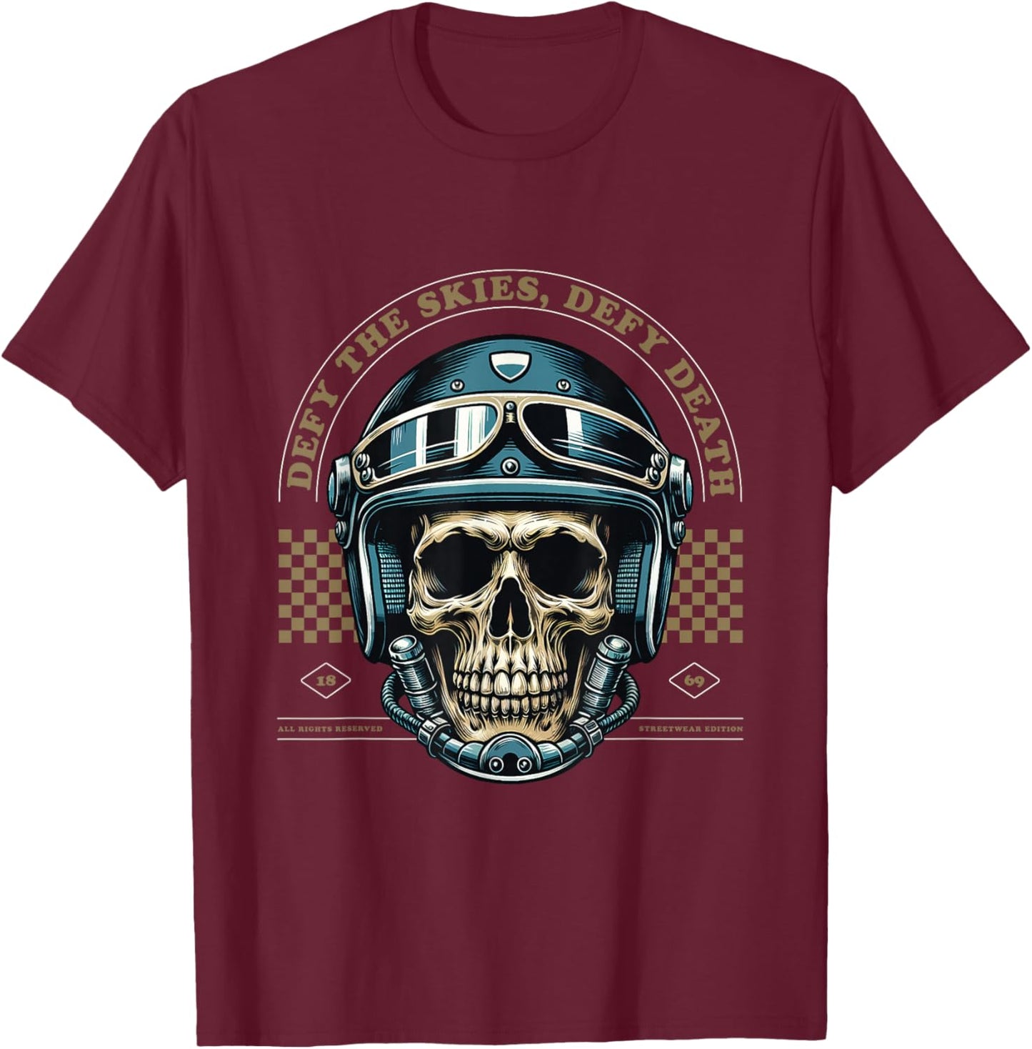 Skull with Helmet T-Shirt - T-Shirt | Maroon