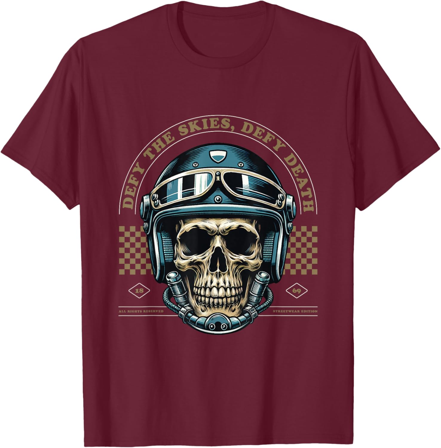 Skull with Helmet T-Shirt - T-Shirt | Maroon