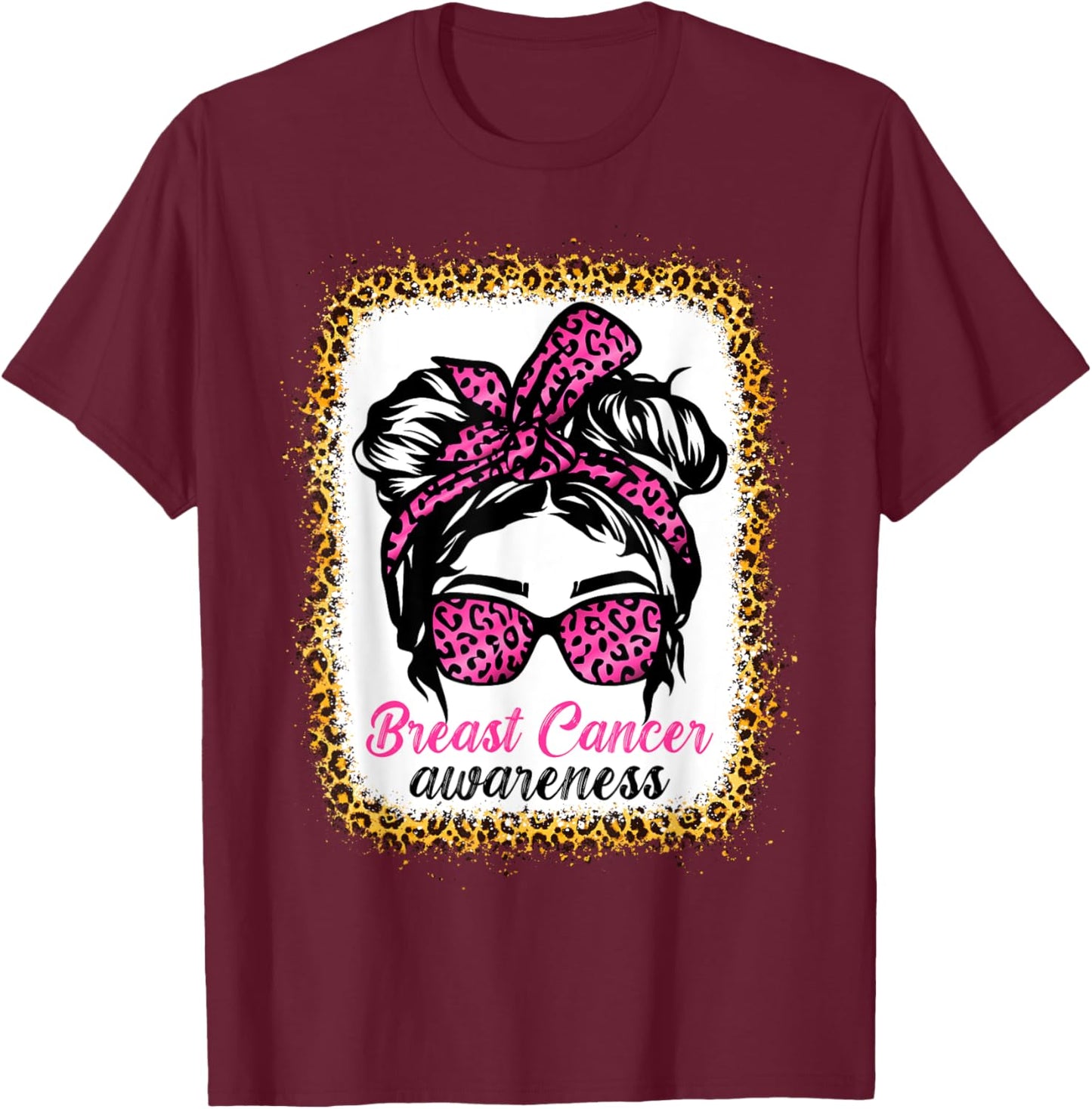 Messy Bun Wear Pink Breast Cancer Awareness Leopard T-Shirt - T-Shirt | Maroon
