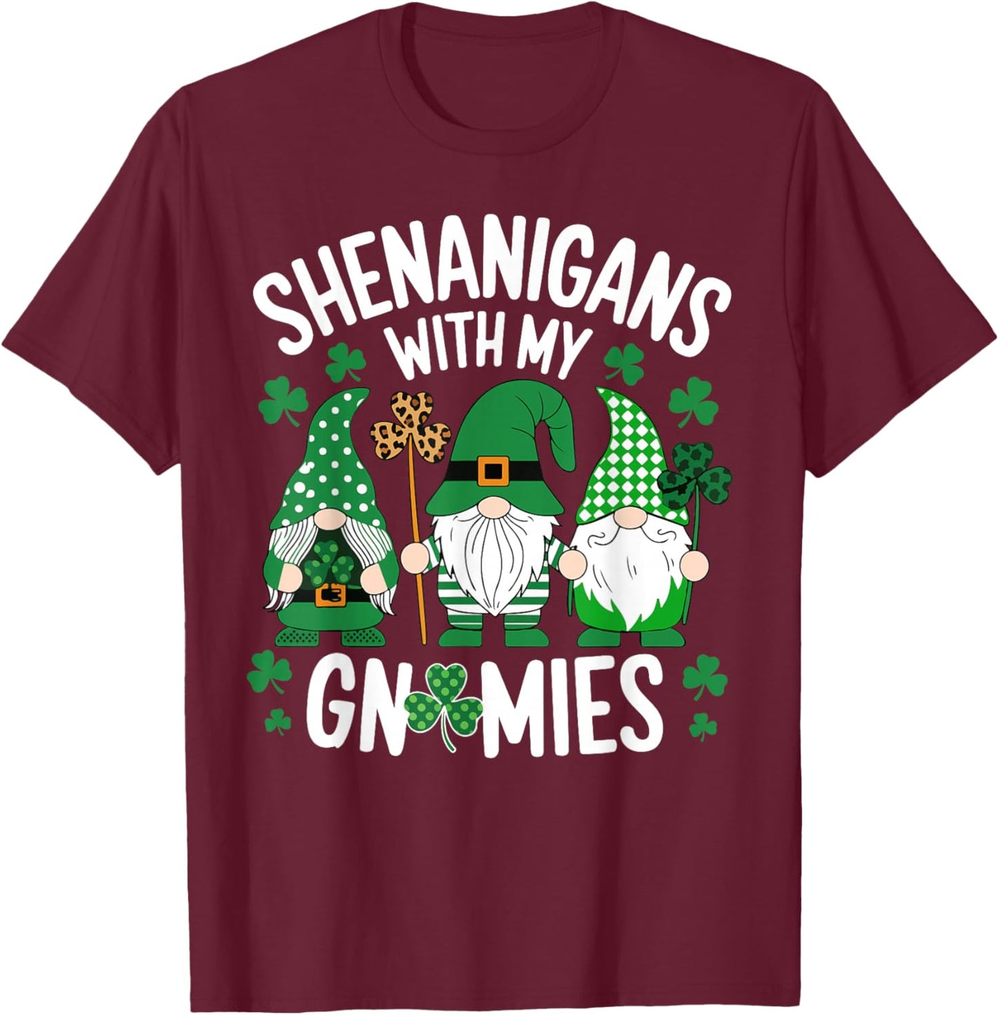 St Patricks Day Lucky Shamrock Leopard Gnomes Irish Women T-Shirt - T-Shirt | Maroon