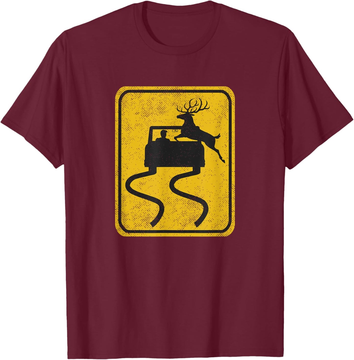 Swerving Car Meets Deer Crossing Vintage Road Sign T-Shirt - T-Shirt | Maroon