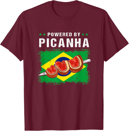 Powered By Picanha Steak Brasil Funny Brazil Flag T-Shirt - T-Shirt | Maroon