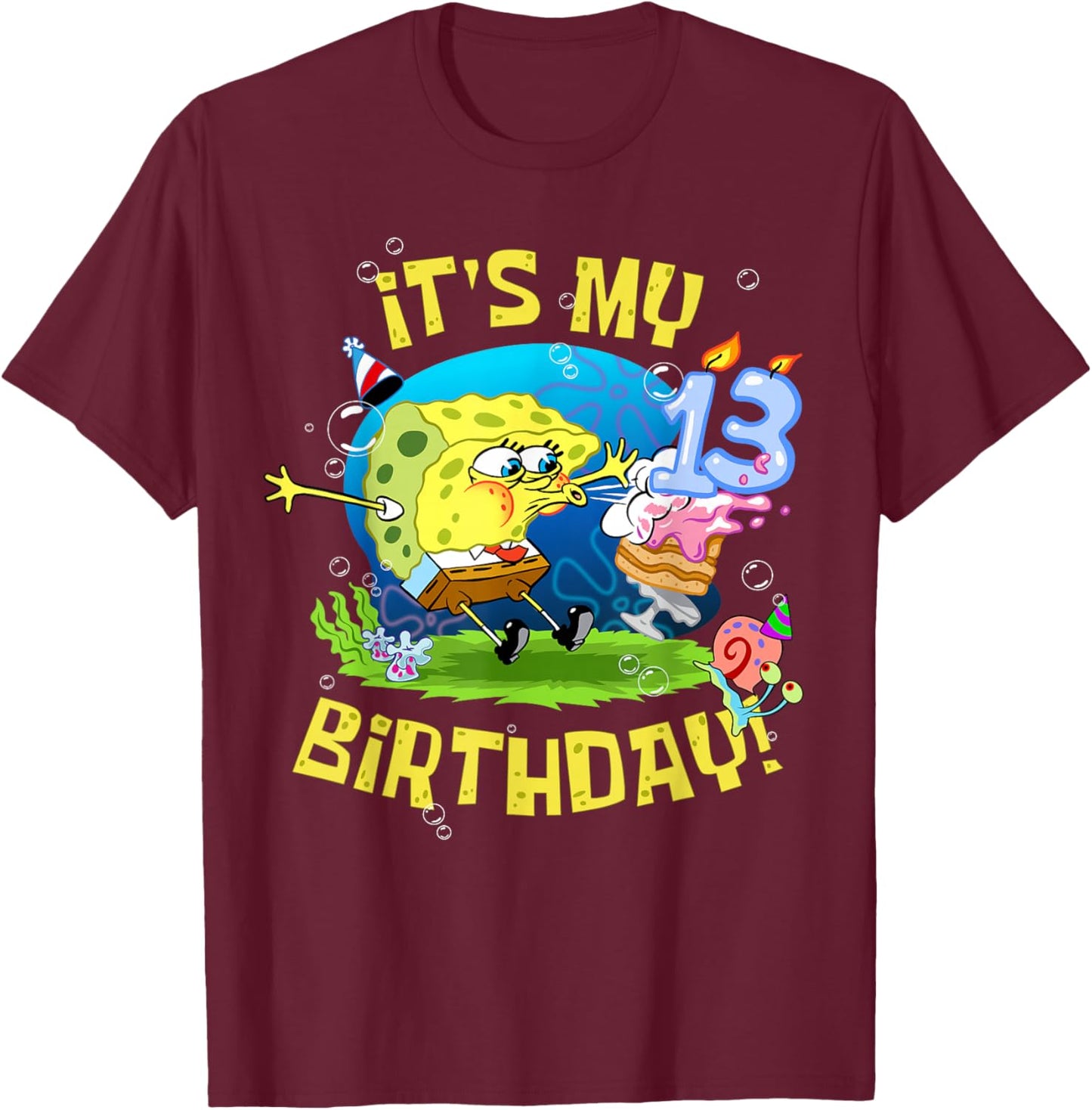 Spongebob It's My 13th Birthday Cake Kids Thirteen Spongebob T-Shirt - T-Shirt | Maroon