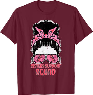 Sisters Support Squad Hairbun Breast Cancer Awareness Women T-Shirt - T-Shirt | Maroon