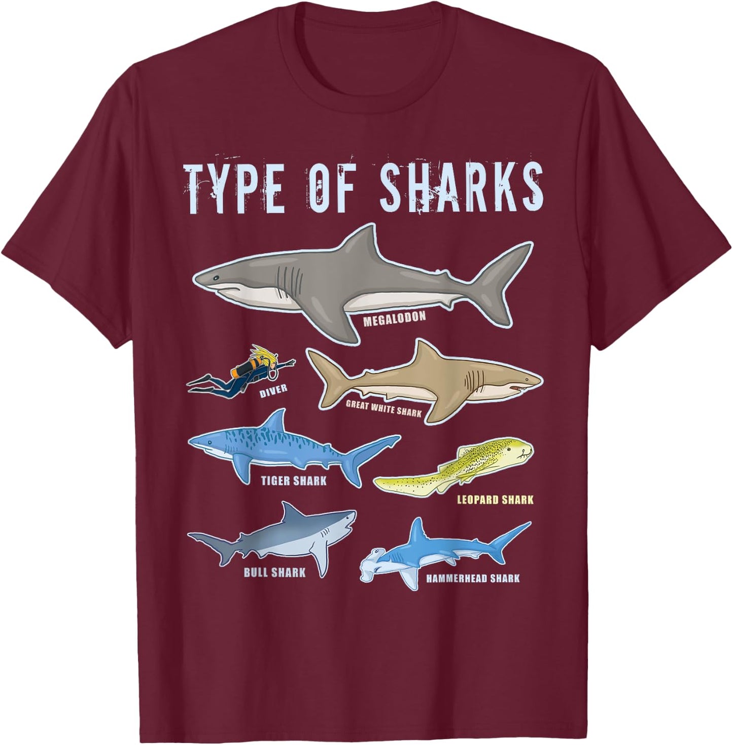 Scuba Shark Gifts HT Type of Sharks 6 Sharks Sea Creatures Cute Shark T-Shirt - T-Shirt | Maroon