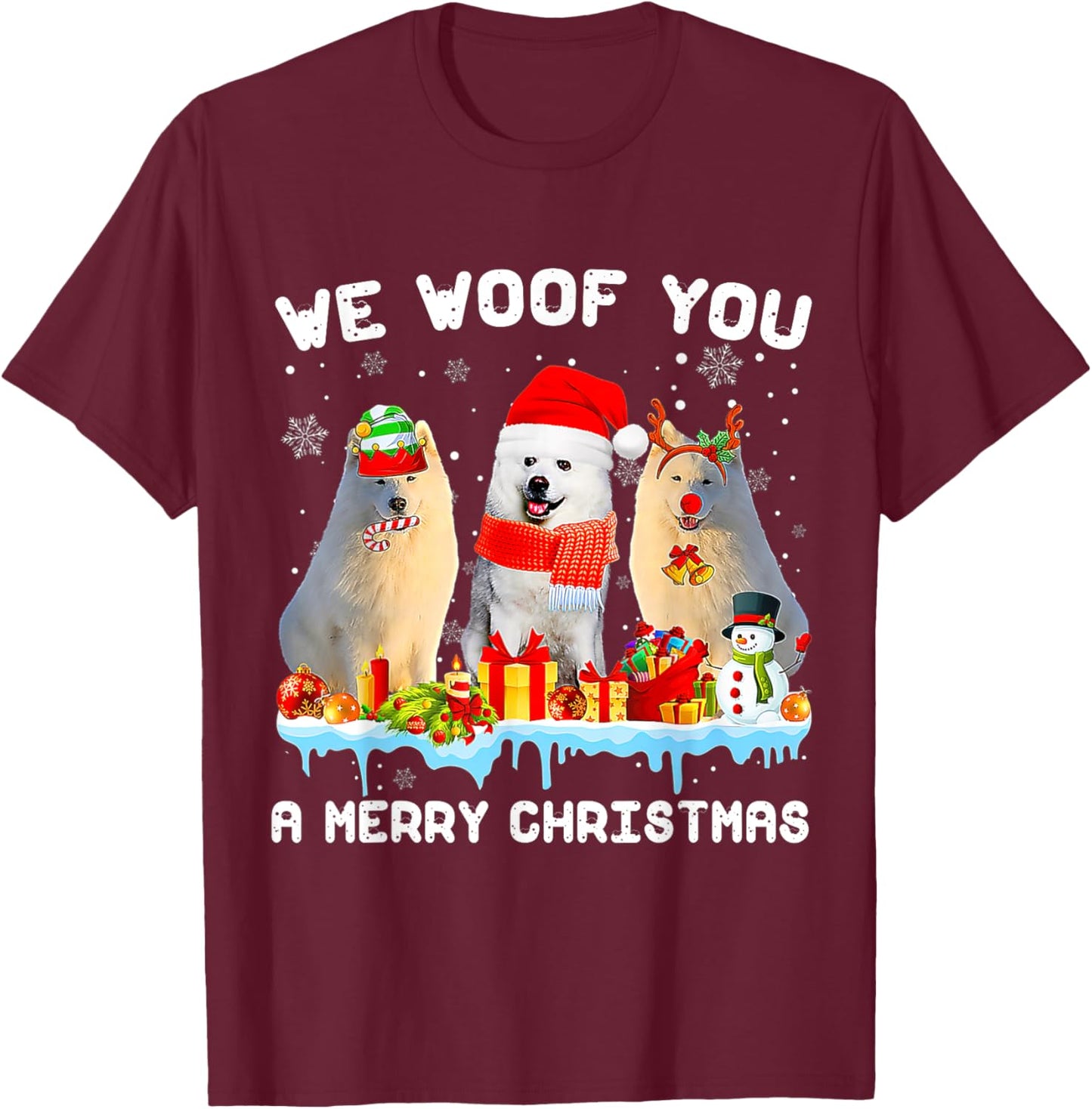 Funny Merry Woofmas American Eskimo Christmas Ornaments T-Shirt - T-Shirt | Maroon