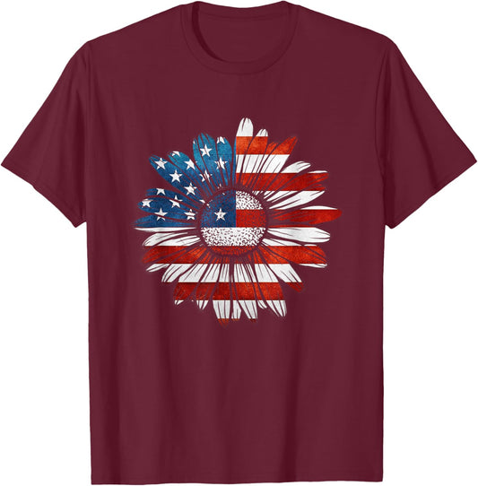 Vintage Daisy USA American Flag 4th of July Patriotic Flower Women Kids Men T-Shirt - T-Shirt | Maroon