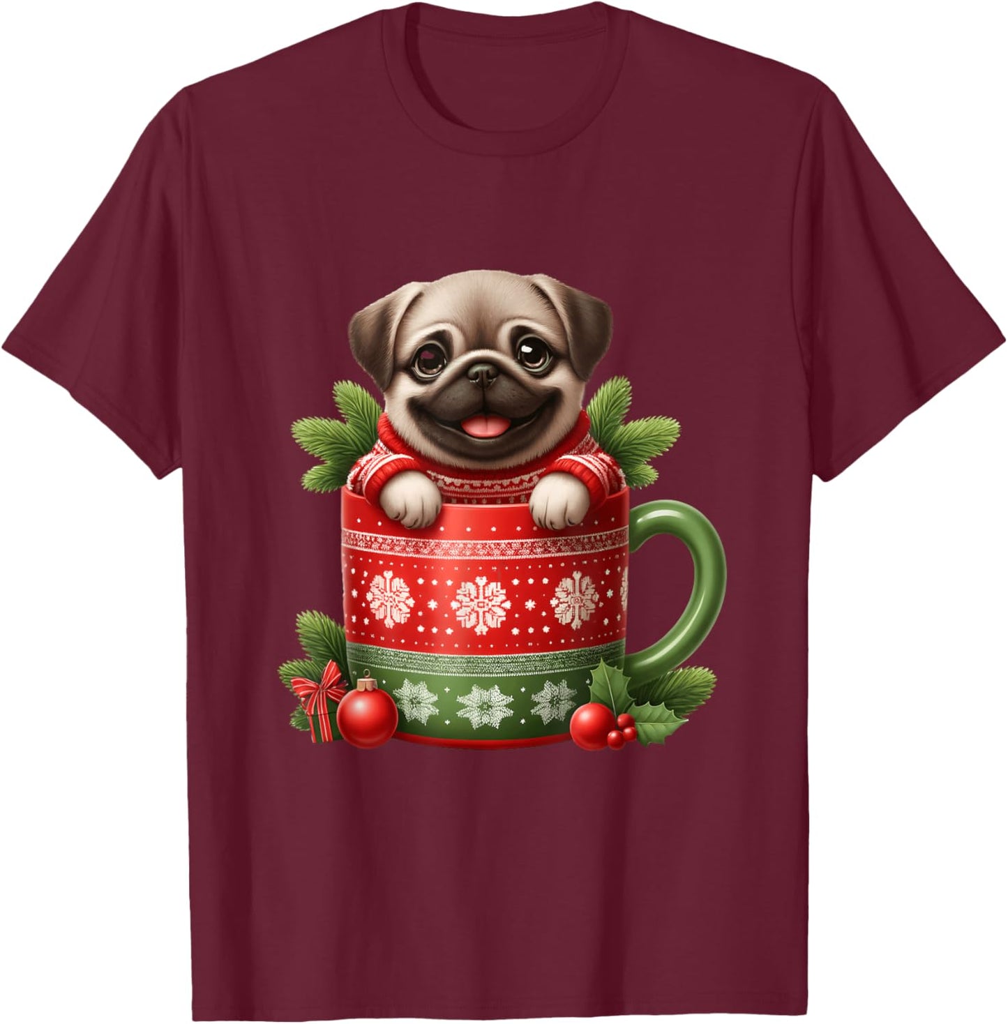 Joyful Pug in Festive Mug Cozy Christmas T-Shirt - T-Shirt | Maroon