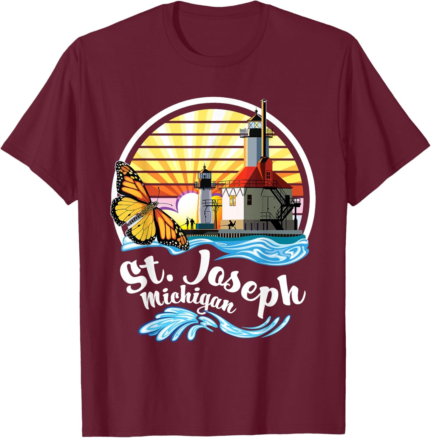 St. Joseph MI Lighthouses & Butterfly at Silver Beach Design T-Shirt - T-Shirt | Maroon
