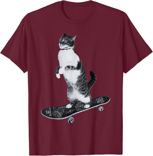 Funny Cats Lovers Skateboarding Cat Women Girls Kids T-Shirt - T-Shirt | Maroon