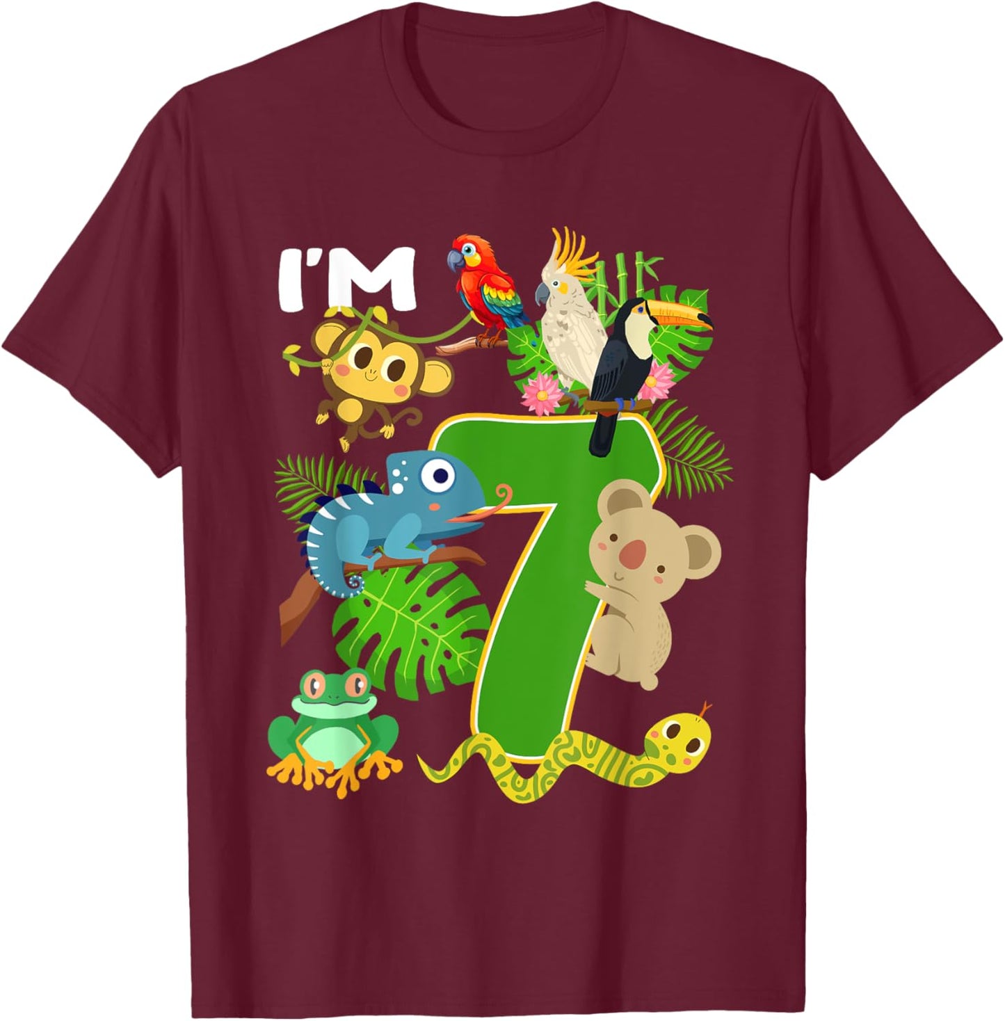 I'm 7 Year Old Birthday Rainforest Animals 7th Bday Kids T-Shirt - T-Shirt | Maroon