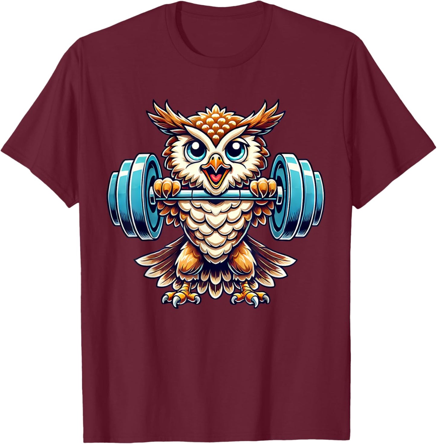 Strong Owl Weightlifting Cartoon Owl Lifter T-Shirt - T-Shirt | Maroon