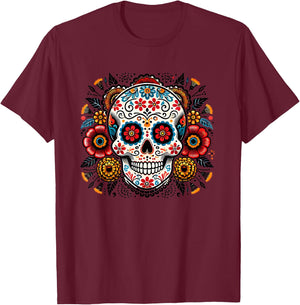 Sugar Skull Floral Art Men Women T-Shirt - T-Shirt | Maroon