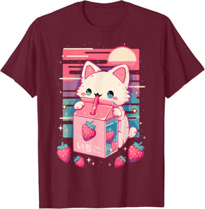 Cat Strawberry Milk Anime 90s Japanese Cat Japan T-Shirt - T-Shirt | Maroon