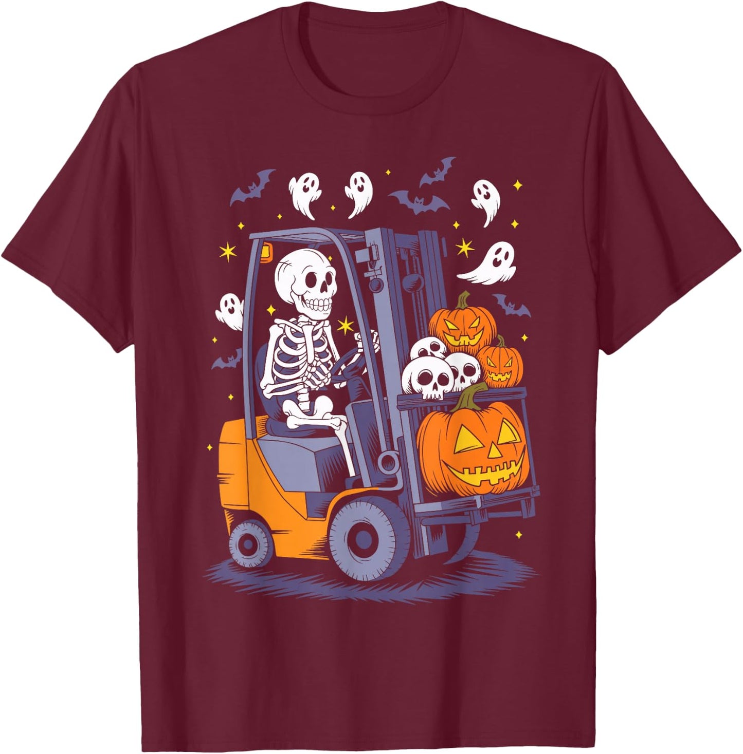 Funny Skeleton Forklift Operator Spooky Halloween Costume T-Shirt - T-Shirt | Maroon