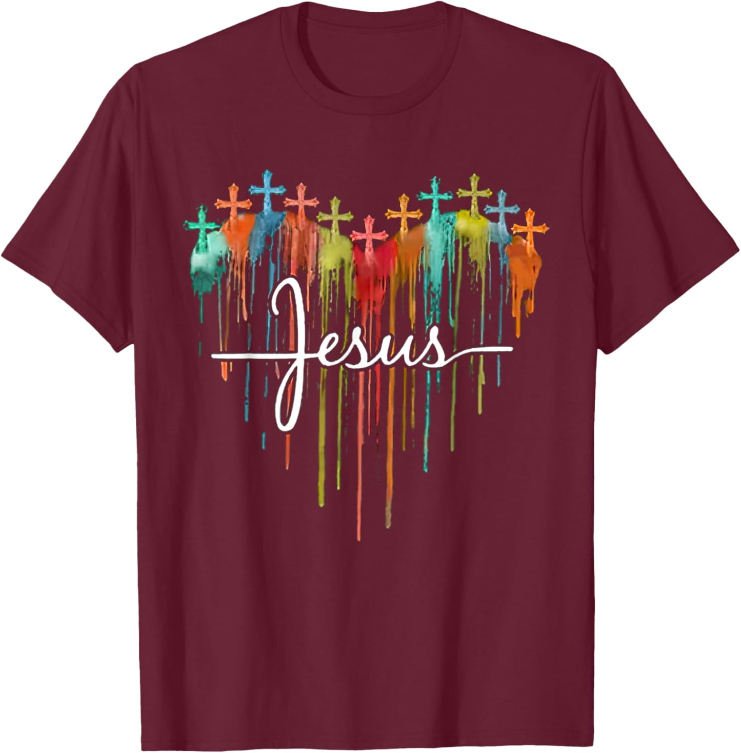 Colorful Jesus Cross Melting Heart For Christian Jesus Lover T-Shirt - T-Shirt | Maroon