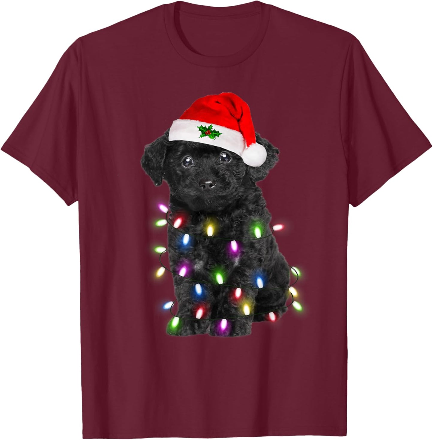 Black Poodle dog Santa Christmas Tree Lights Xmas Boys Dog T-Shirt - T-Shirt | Maroon