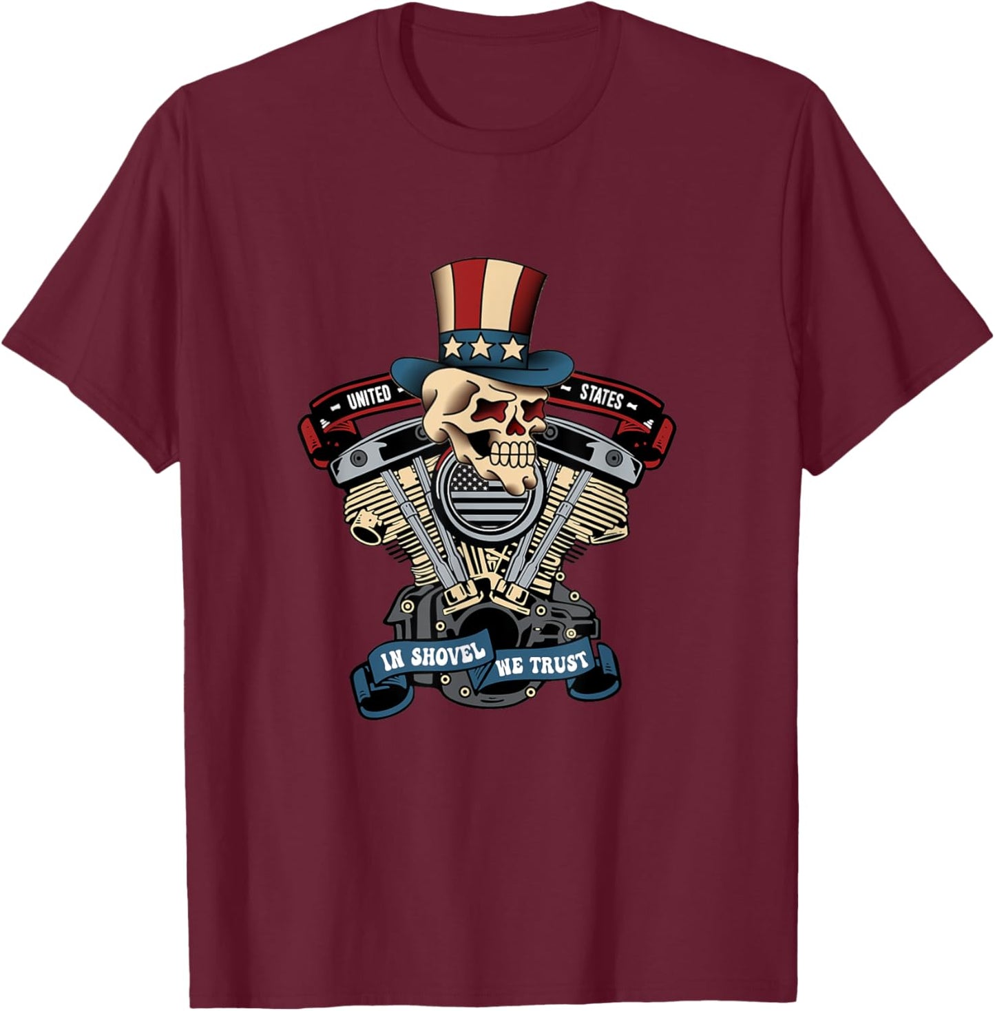 Retro HD Motorcycle VTwin ShovelHead Engine Skull Top Hat T-Shirt - T-Shirt | Maroon