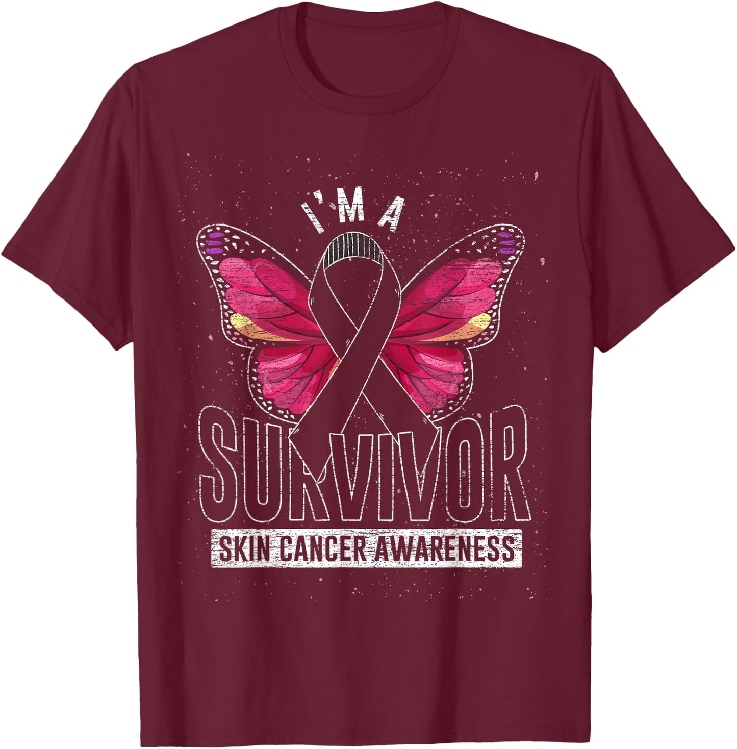 Cancer Survivor Butterfly Melanoma Awareness Skin Cancer T-Shirt - T-Shirt | Maroon