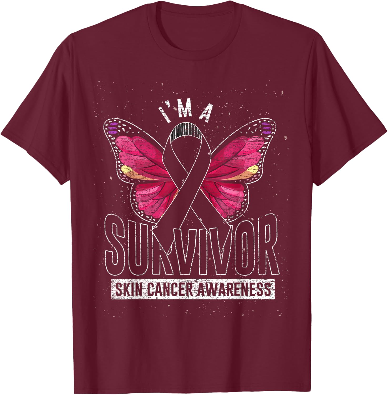 Cancer Survivor Butterfly Melanoma Awareness Skin Cancer T-Shirt - T-Shirt | Maroon