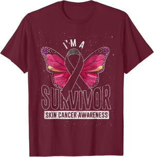 Cancer Survivor Butterfly Melanoma Awareness Skin Cancer T-Shirt - T-Shirt | Maroon