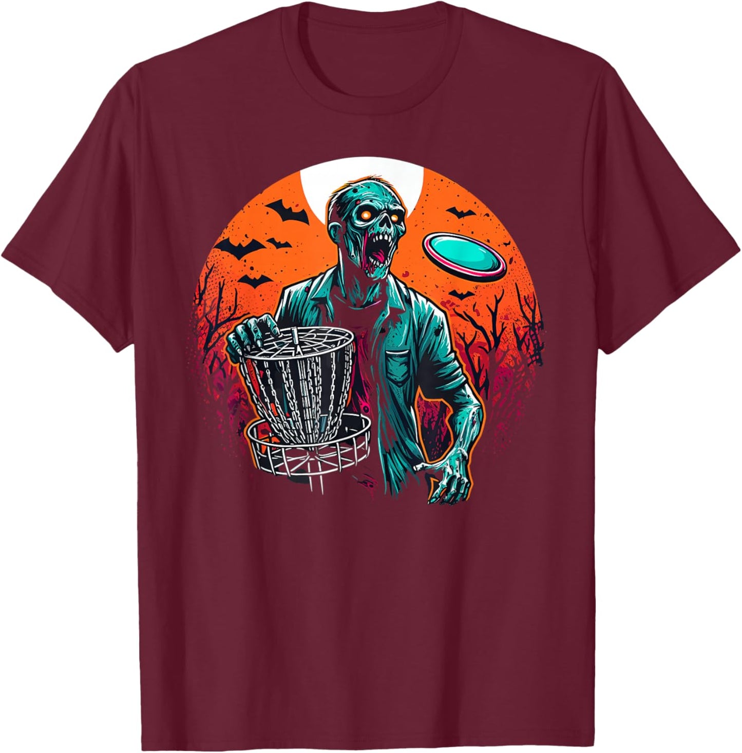 Disc Golf Zombie Halloween Disc Golfer Outfit Basket Disc T-Shirt - T-Shirt | Maroon