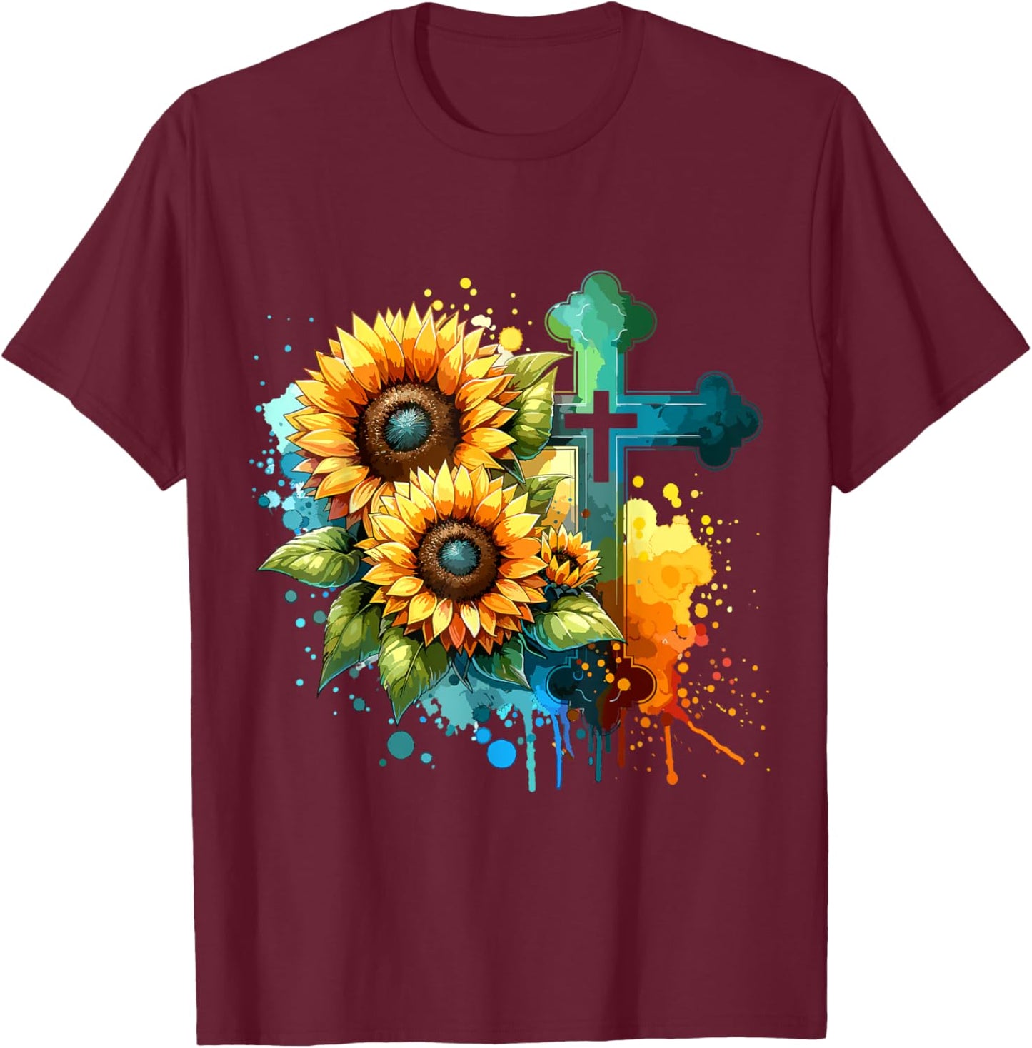 Christian Cross and Sunflowers T-Shirt - T-Shirt | Maroon