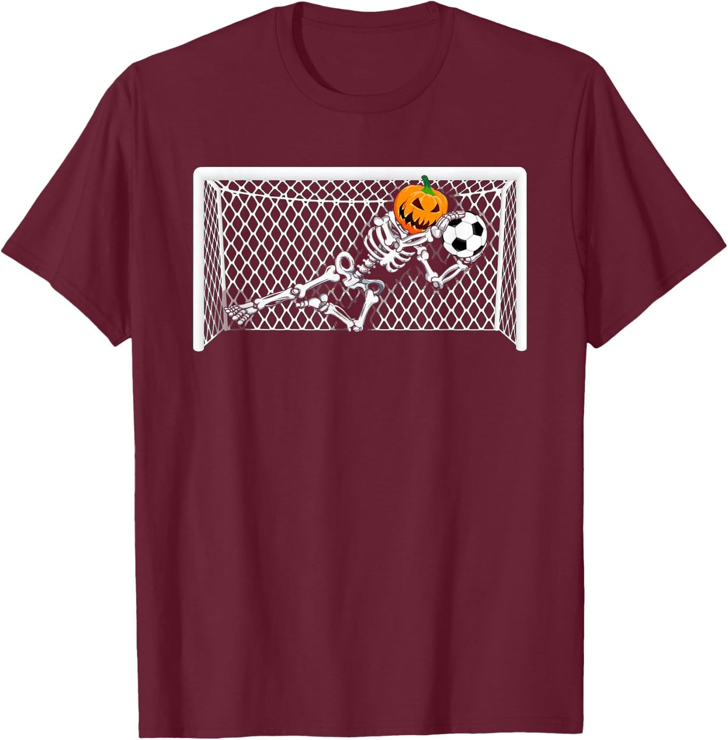 Skeleton Soccer Goal Keeper Halloween Pumpkin Goalie T-Shirt - T-Shirt | Maroon