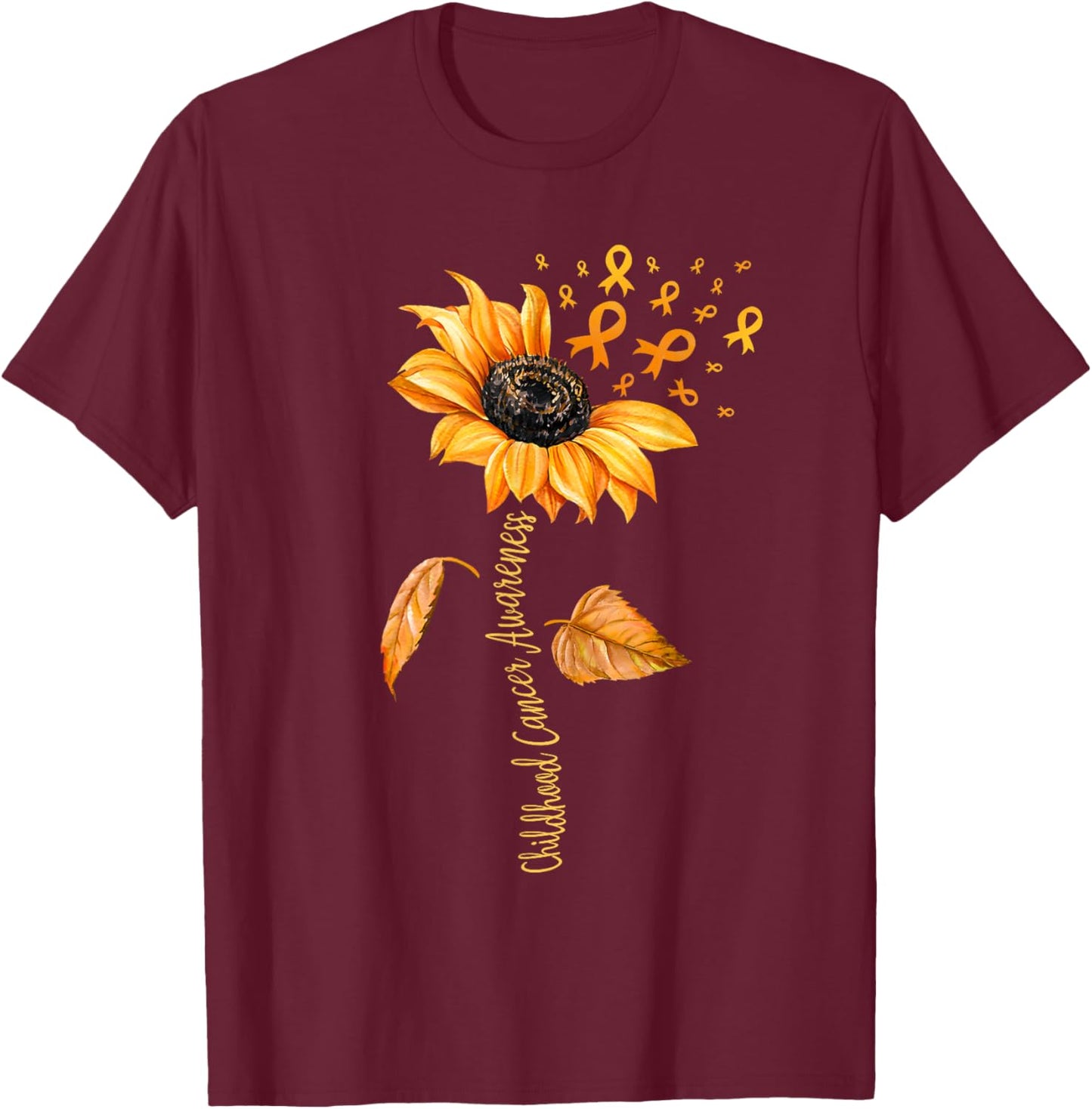Support Childhood Cancer Awareness Sunflower Gold Ribbon T-Shirt - T-Shirt | Maroon