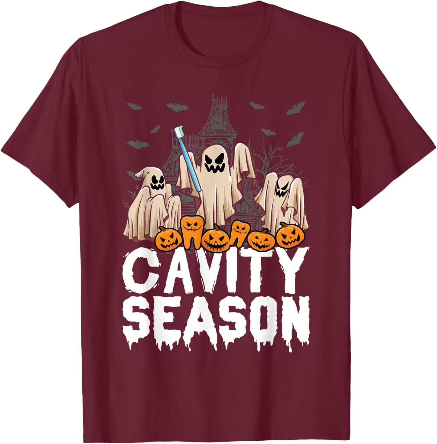 Cavity Season Halloween Funny Dental Ghosts And Toothbrush T-Shirt - T-Shirt | Maroon