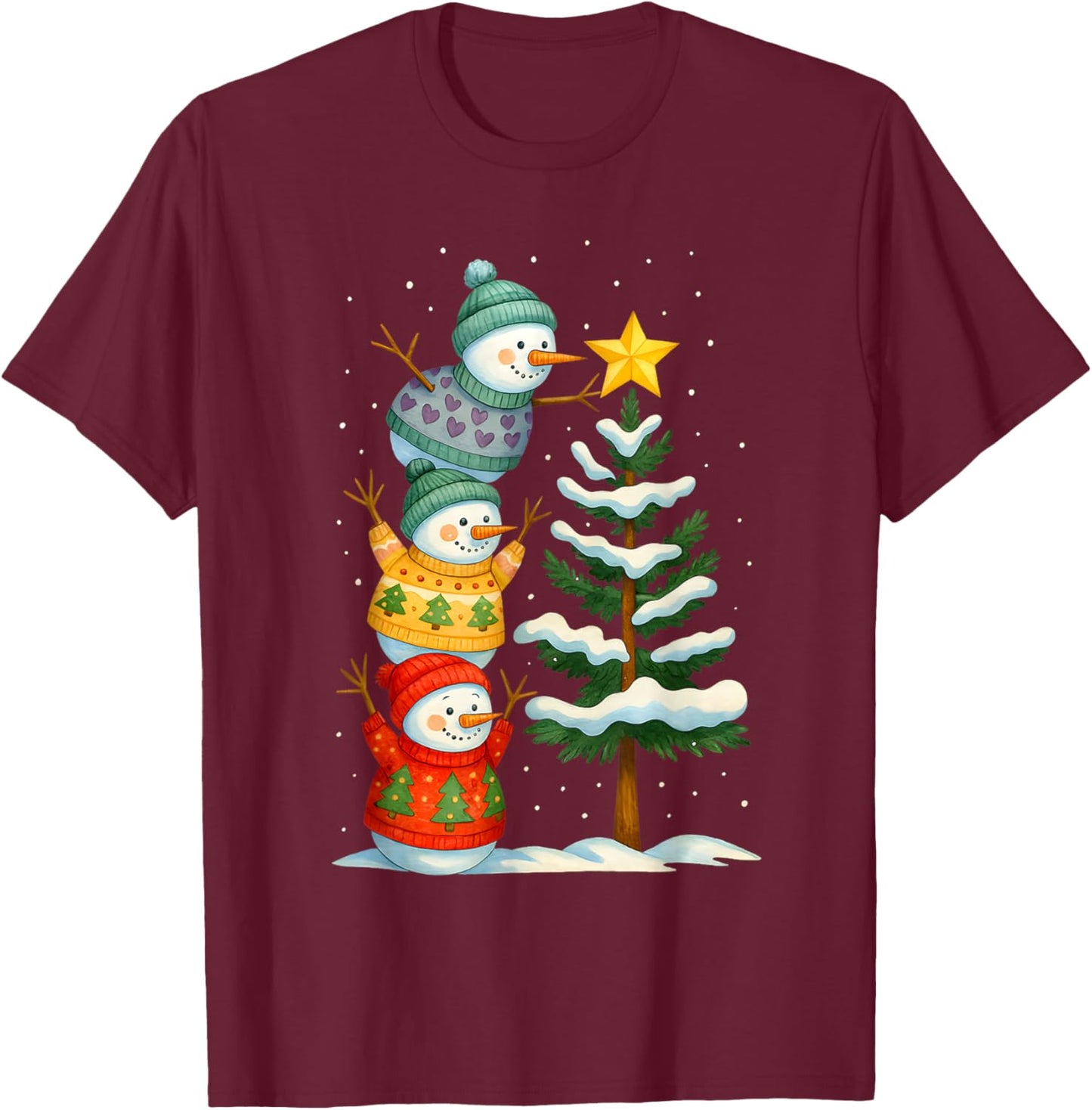 Funny Christmas Snowman Topper Tree Holiday Family Men Women T-Shirt - T-Shirt | Maroon