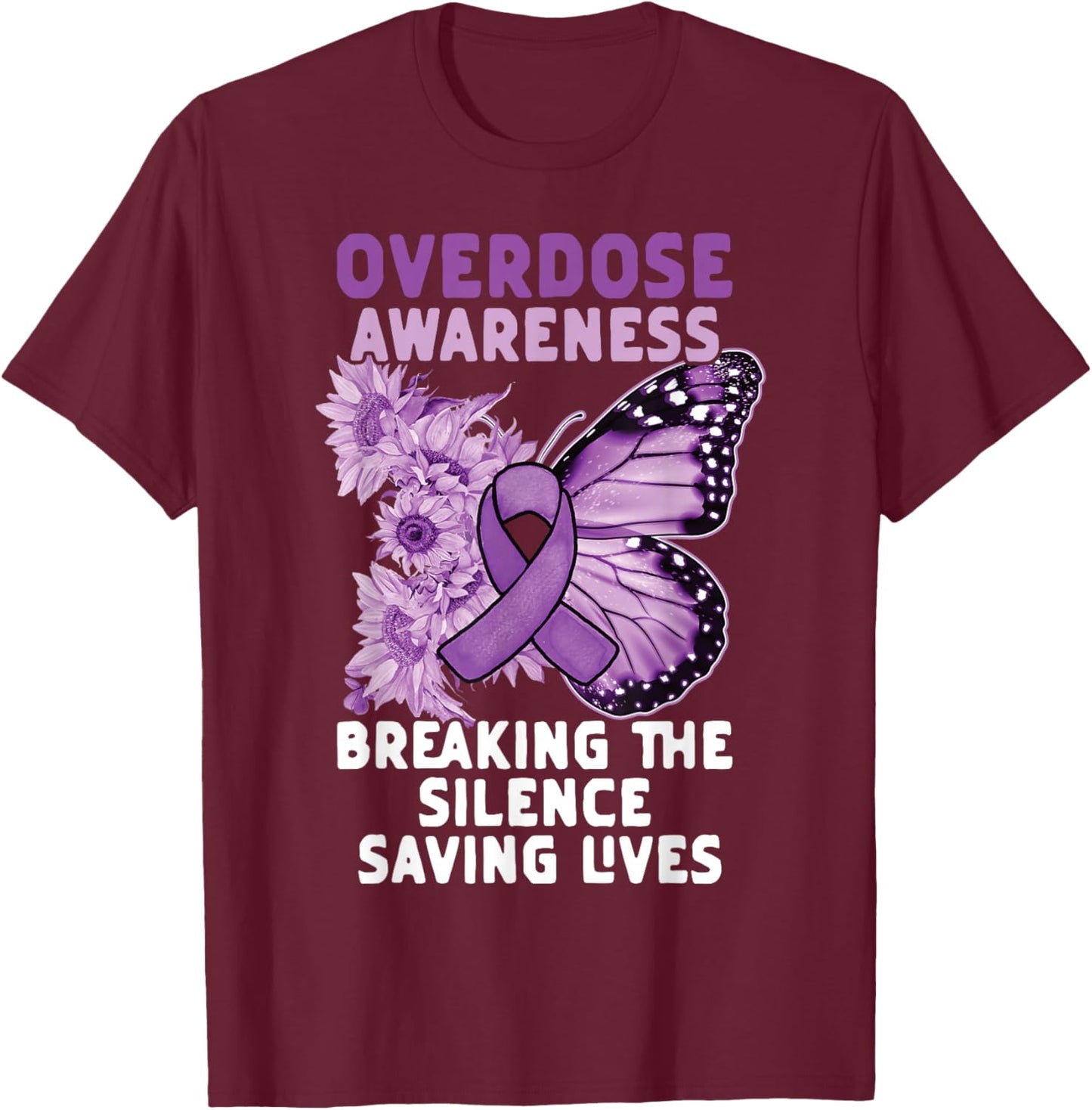 Overdose Awareness Purple Ribbon Drug Addiction T-Shirt - T-Shirt | Maroon