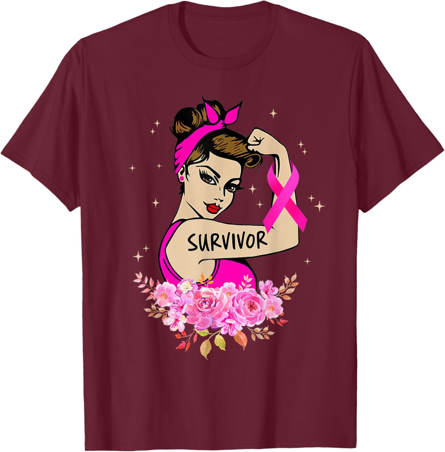 Breast Cancer Survivor Rosie Riveter Pink Awareness Women T-Shirt - T-Shirt | Maroon