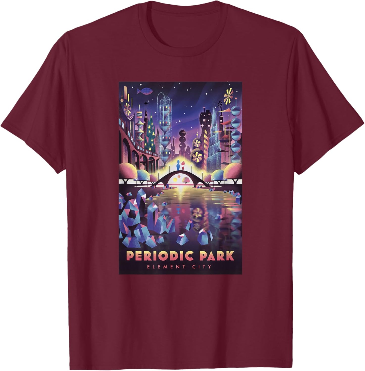 Disney Pixar Elemental Periodic Park Element City Poster T-Shirt - T-Shirt | Maroon