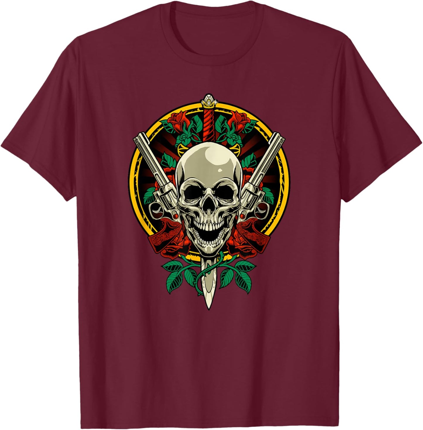 Skull Face with Roses - 80s 90s Rock Music Guns and Skull T-Shirt - T-Shirt | Maroon