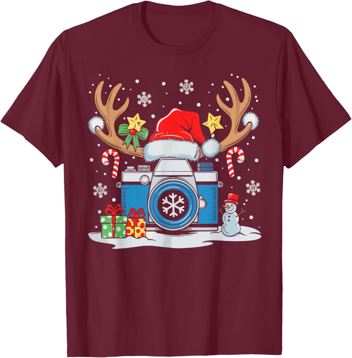 Xmas Photography Santa Hat Reindeer Photographer Christmas T-Shirt - T-Shirt | Maroon
