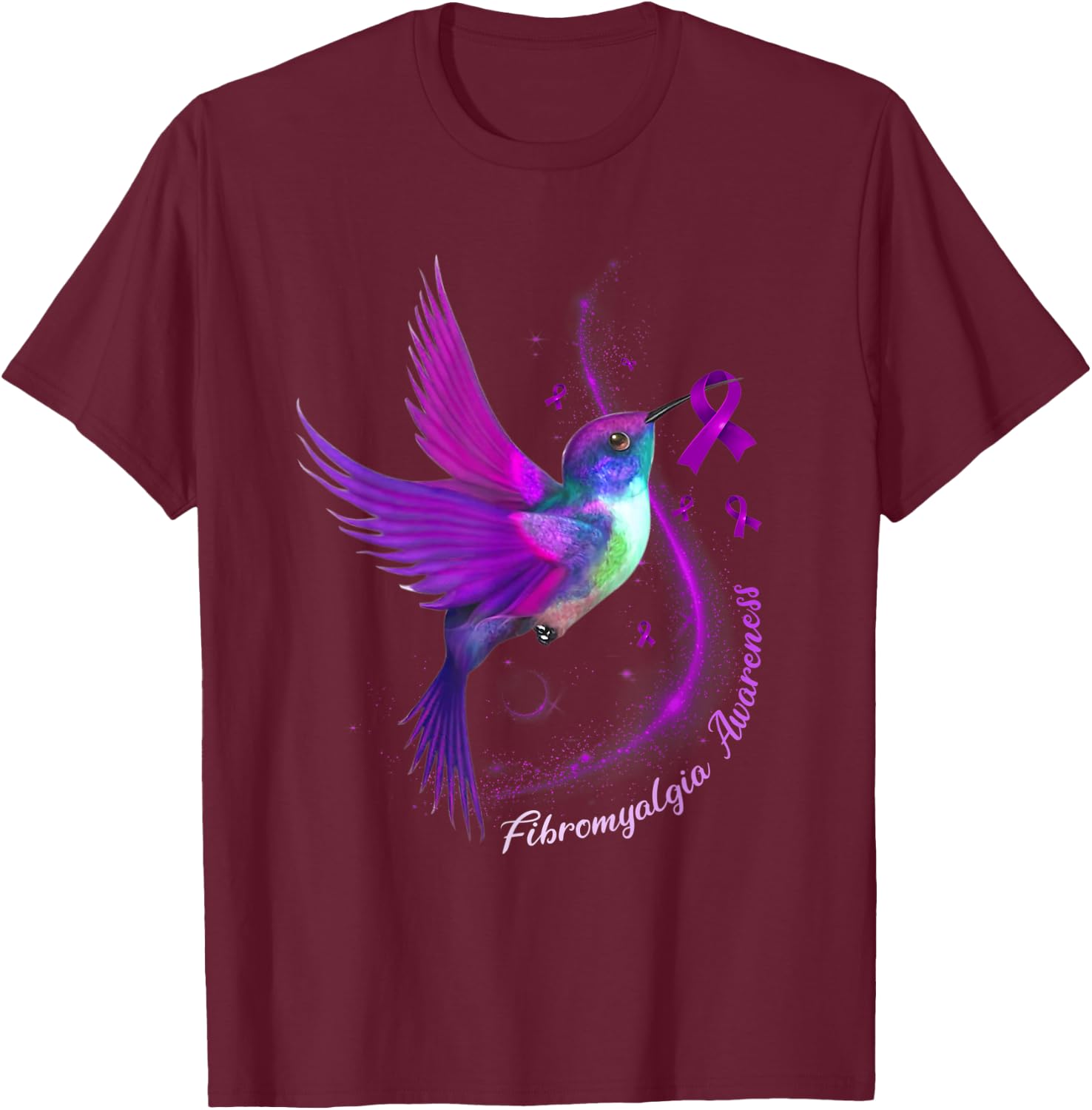 Purple Ribbon Hummingbird Fibromyalgia Awareness Month T-Shirt - T-Shirt | Maroon