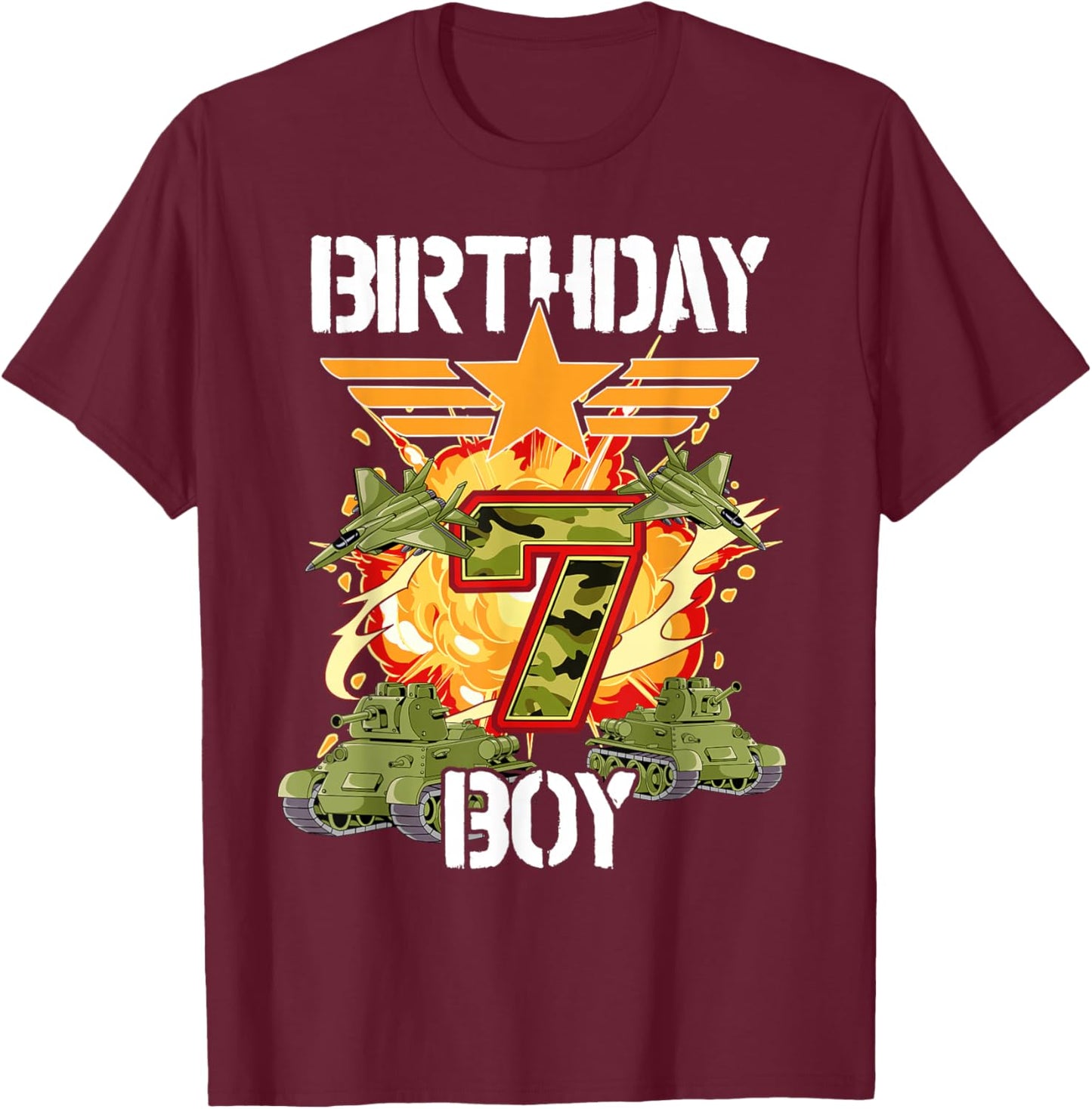 7th Birthday Army T-Shirt - T-Shirt | Maroon