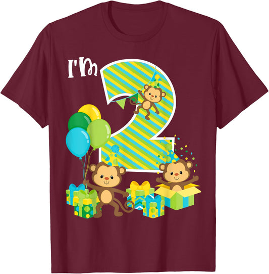 Birthday Monkey 2nd Birthday Party Two Year Old Kid Toddler T-Shirt - T-Shirt | Maroon