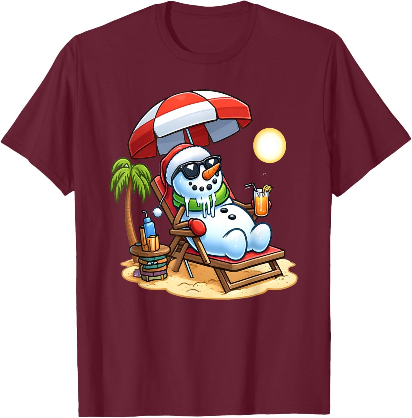Christmas in July Funny Snowman Summer Fun Beach Holiday T-Shirt - T-Shirt | Maroon