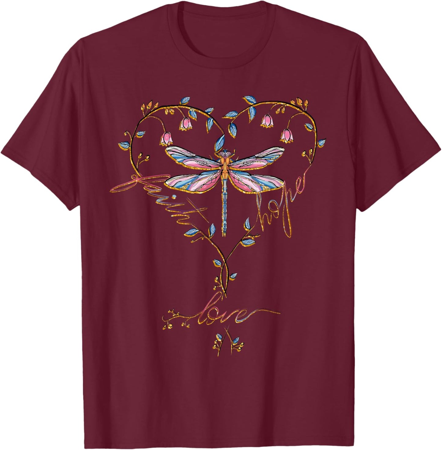 Faith Hope Love Dragonfly Heart Religious Jesus Christian T-Shirt - T-Shirt | Maroon