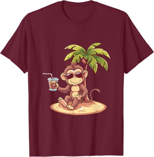 Cute Monkey On Beach | Vacation Travel Summer T-Shirt - T-Shirt | Maroon