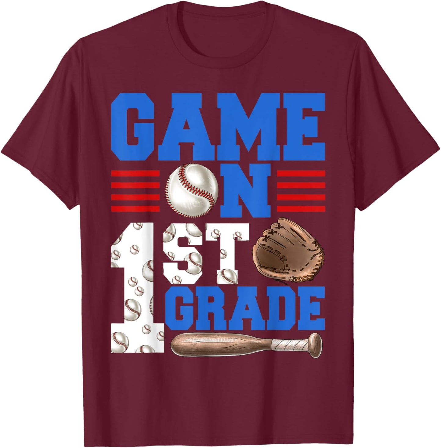 Game On 1st Grade With Baseball Player First Day Of School T-Shirt - T-Shirt | Maroon