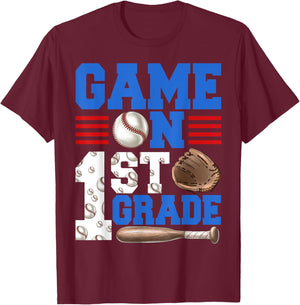Game On 1st Grade With Baseball Player First Day Of School T-Shirt - T-Shirt | Maroon
