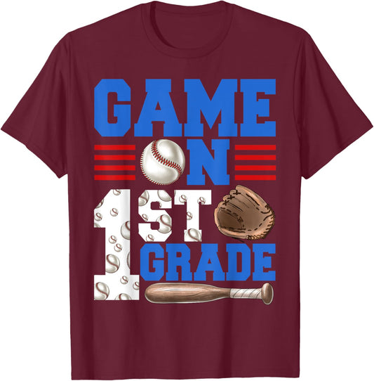 Game On 1st Grade With Baseball Player First Day Of School T-Shirt - T-Shirt | Maroon